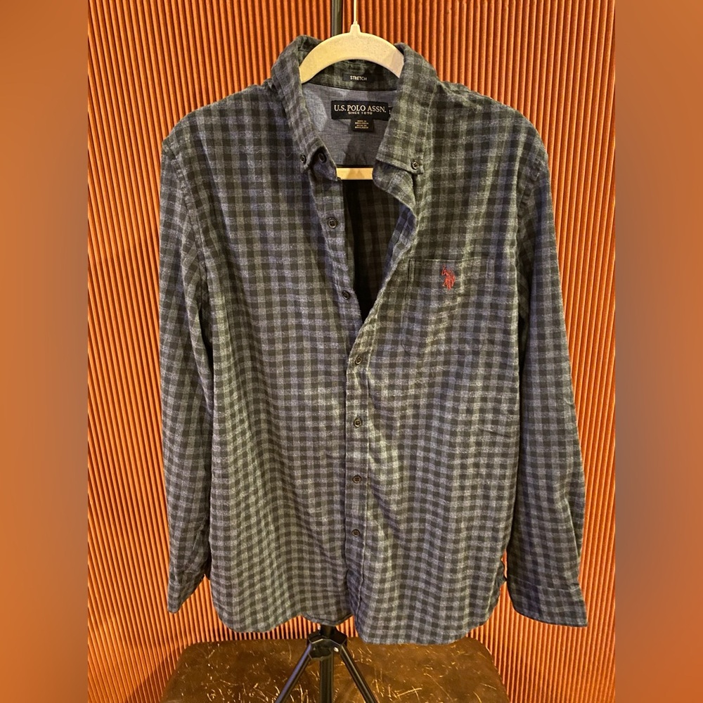 US Polo Assn Light Blue-ish Dark Grey Plaid Long Sleeve Button Up